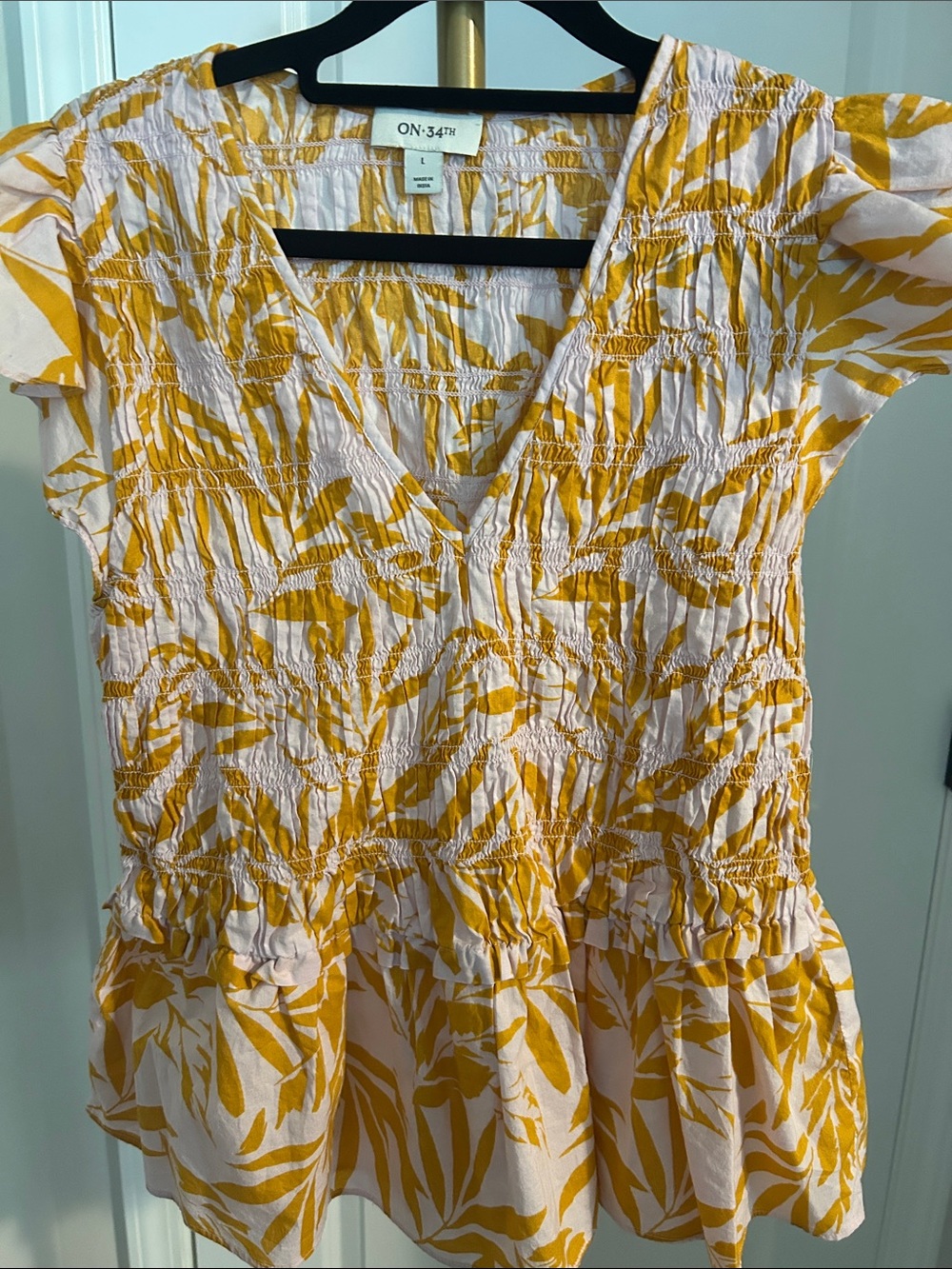 ON-34th Yellow Floral Smocked V-Neck Blouse